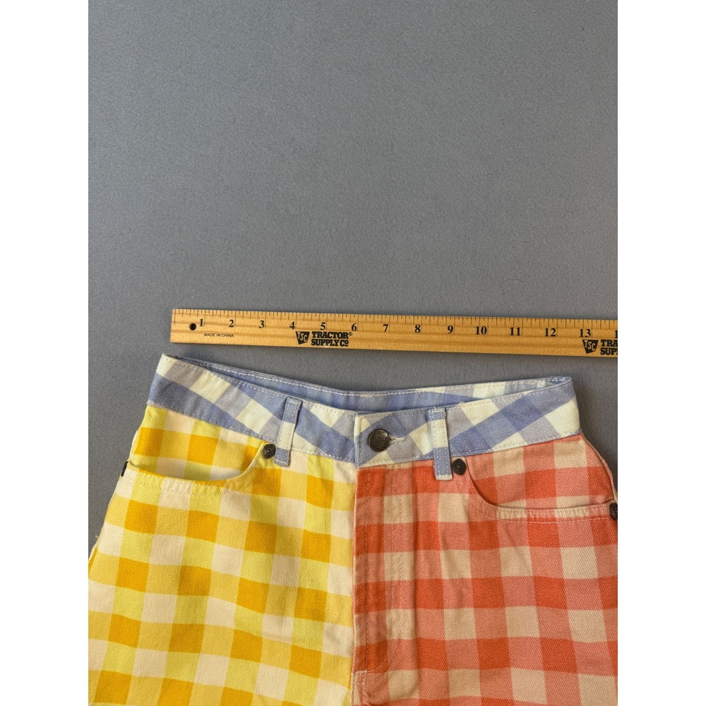 Farm Rio for Anthropologie Gingham Colorblock Denim Shorts Yellow Orange XS NEW - Picture 4 of 8